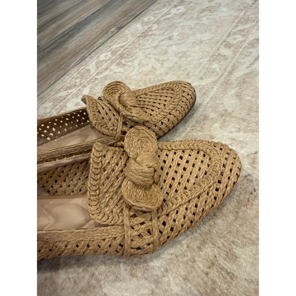 Charles David Raffia Woven Bow Loafers Tan Straw Slip On Flats Shoes 8